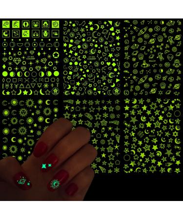 Luminous Nail Art Stickers Fluorescent Nail Self-Adhesive Decals Glow in The Dark Nail Art Design Sun Moon Stars Love Heart Nail Sticker Decoration for Women Girls Manicure 3D Nail Decal(6 Sheets)