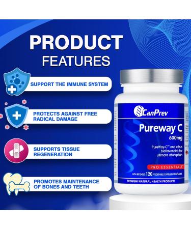 CanPrev Pureway C 600mg Advanced Formula 120 V-Caps - Enhanced Absorption Vitamin C Ascorbic Acid with Citrus Bioflavonoids - Supports Well-Being and Vitality - Buy Online on SooperMarket.com