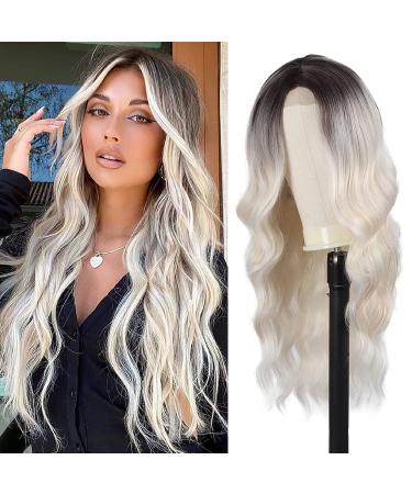 Long Wavy Wig Ombre Platinum Blonde Wigs for Women 24 Inch Middle Part Curly Synthetic Hair Natural Looking Heat Resistant Fiber for Daily Party Use (Ombre Platinum Blonde)