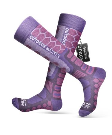 Outdoormasters 2 pair of unisex merino wool compression ski socks for women & men OTC design/anti-slip bundles Breathable winter thermal socks for snowboarding L violet