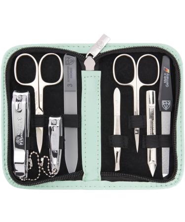 Three swords - 8 pcs.Manicure set 'Roma' |High -quality nail care set in mint -colored synthetic leather case |Contents: nail scissors set foot and nail clippers tweezers glass nail files sapphire nail file mint / synthetic leather