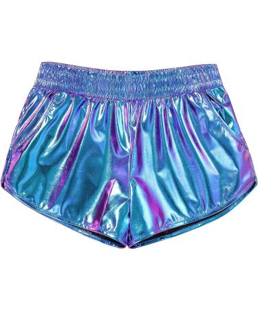 Women Metallic Shiny Shorts | Sparkly Hot Dance Bottoms for Rave & Music Festivals | Large Blue with Sunglasses - Buy Online on SooperMarket.com