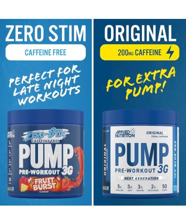 Applied Nutrition Pump Zero Pre Workout - Caffeine Free Energy & Performance (375g - 25 Servings) - Icy Blue Raz Flavor - Buy Online on SooperMarket.com