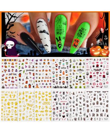 Kalolary 12 Sheets Halloween Self-Adhesive Nail Stickers Halloween 3D Nail Art Stickers Mummy Skeleton Ghost Tombstone Halloween Pattern Nail Art Design Decoration Accessories (A)