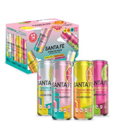 AriZona Santa Fe Sparkling Water with Real Fruit Juice 11 fl oz Can 4 Flavor Variety Pack - Lemon Citrus Raspberry Lime Pink Grapefruit Orange Mango - NO Added Sugar (Pack of 12)