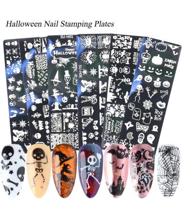 6Pcs Halloween Nail Stamping Plates - Pumpkin, Grimace, Skull Eye Designs | Holiday Party Manicure Stencils - Buy Online on SooperMarket.com