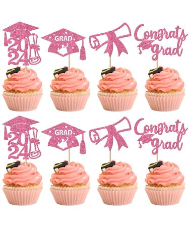 Rsstarxi 36 Pack 2024 Graduation Cupcake Toppers Glitter Class of 2024 Graduation Cap Diploma Cupcake Picks Decorations for Congrats Grad 2024 Graduation Theme Party Cake Decorations Pink