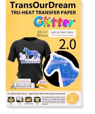 TransOurDream Glitter 2.0 Iron on Heat Transfer Paper for T Shirts (20 Sheets, 8.5x11'') Printable Heat Transfer Vinyl for Inkjet Printer Iron-on Transfers Paper for Light and Dark Fabric(TOD-GL2-20) Glitter 20 Sheets