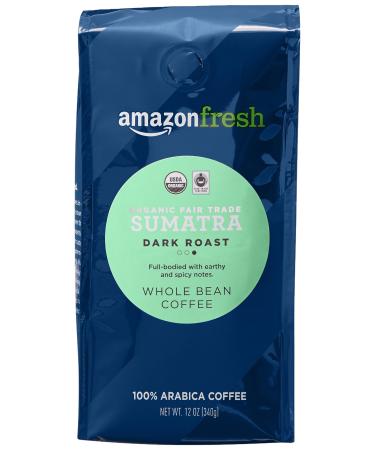 AmazonFresh Organic Fair Trade Sumatra Whole Bean Coffee, Dark Roast, 12 Ounce Organic Fair Trade, Sumatra