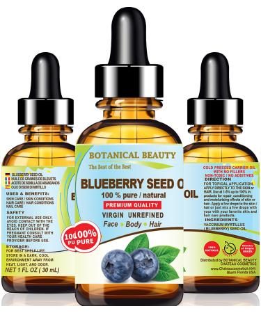 Botanical Beauty BLUEBERRY SEED OIL 100% Pure Natural Virgin Unrefined Cold Pressed 1 Fl. Oz.- 30 ml for FACE SKIN BODY HAIR NAILS Anti-Aging