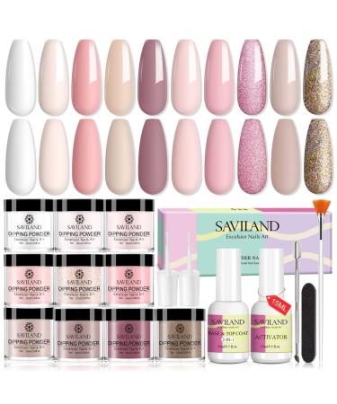 Saviland 10 Colors Dip Powder Nail Kit Starter - 17pcs Nudes Pink Spring Colors Dip Nails Powder Starter Kit with 15ml 2-In-1 Base & Top Coat, Activator for Nail Repair, Salon Use, Home DIY, Gift for Ladies G4-Nude Pink Basic Starter Kit
