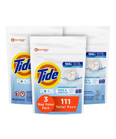 Tide PODS Free & Gentle, Laundry Detergent Soap Pods, Unscented, 3 Bag Value Pack, 111 Count, HE Compatible Tide PODS, Free & Gentle, 111 Count