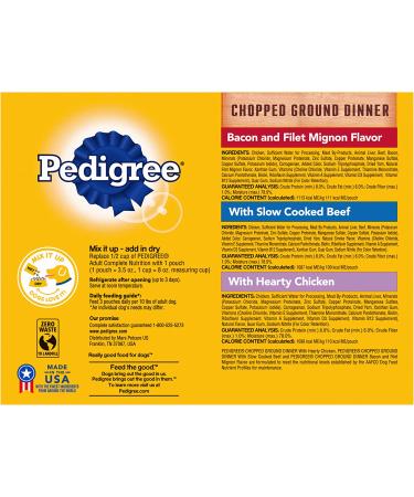 PEDIGREE Chopped Ground Dinner Adult Wet Dog Food Variety Pack, 3.5 oz Pouches, Chicken, Beef, Filet Mignon - 18 Pack - Buy Online on SooperMarket.com