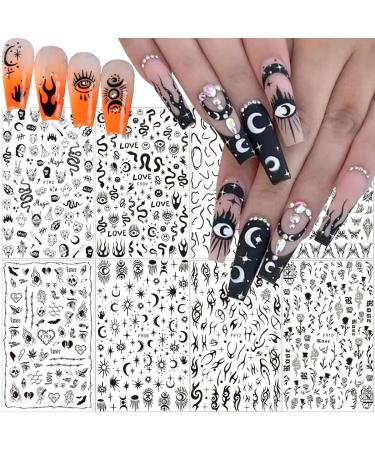 8 Sheets Snake Nail Art Stickers Decals Black Skull Goth Nail Decals Designer Nail Art Supplies 3D Gothic Punk Horror Butterfly Flame Moon Stars Rose Nail Sticker for Women Manicure Decoration Sticker 4