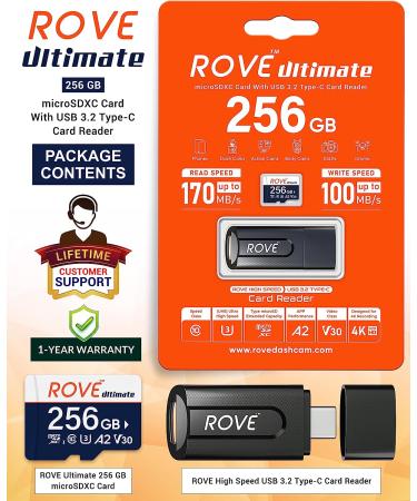 ROVE Ultimate Micro SD Card 256GB Memory Card with USB 3.2 Type C Reader | 170MB/s | C10 U3 V30 for Dash Cam Android Smartphones Tablets Games - Buy Online on SooperMarket.com