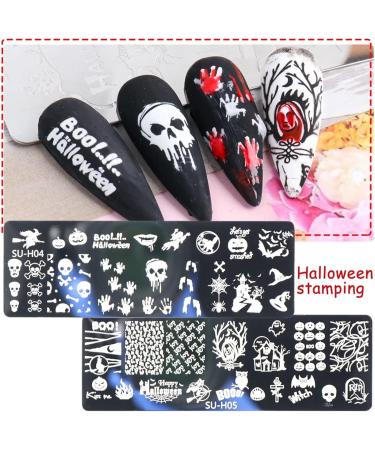 Halloween Nail Stamper Kit - 6 Nail Plates + 1 Stamper + 1 Scraper - Skeleton/Spider Web/Pumpkin/Tree Design - Nail Decoration Supplies 8 Piece Set + Tools - Buy Online on SooperMarket.com