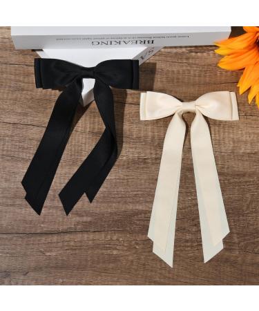 2PCS Silky Satin Hair Bows Hair Clip Black Hair Ribbon Ponytail Holder Accessories Slides Metal Clips Hair Bow for Women Girls Toddlers Teens Kids (Beige+Black) - Buy Online on SooperMarket.com