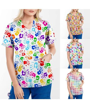 TUNUSKAT Women's Short Sleeve Hand Print Scrubs - Summer Nursing Uniform Blouse (XX-Large, Multicolor) - Buy Online on SooperMarket.com