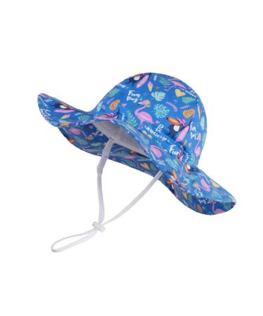 LANGZHEN Beach Sun Protection Hat for Baby Girls Adjustable Toddler Kids Hat Wide Brim Summer Play Hat with Chin Strap Flamingos+toucan-Blue 6-12 Months