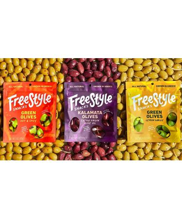 Fresh Greek Pitted Green Olives Snack Pack - All Natural Jumbo-Sized Olives, Lemon Garlic Flavor, Non-GMO, Paleo & Keto Friendly, Low Calorie - 4oz (3 Pack) - Buy Online on SooperMarket.com