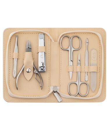 Chali manicure set 7 -part - stainless steel nail set for men and women with case with case - nail scissors nail clippers tweezers glass nail files nail pliers skin slide beige
