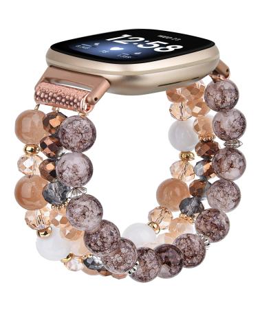 CAGOS Bracelet Band Compatible with Fitbit Versa 3/Fitbit Sense for Women and Girls, Fashion Handmade Beaded Elastic Stretch Replacement Wristband Pearl Straps for Versa 3 Smartwatch (Amber Brown)