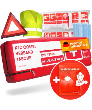 Purahelp Kfz Kombitsche according to the current standard 2024 DIN 13164 (STVO compliant) - including warning triangle warning vest - Warning triangle Warning triangle Set first -aid kit Auto 2024 1 piece