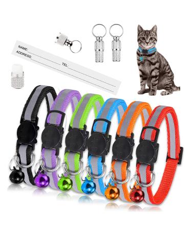 Favson Reflecting cat collar with address pendant for dogs cats 8-piece adjustable cats collars with safety clasp and bells (6 colors & 2 id day)