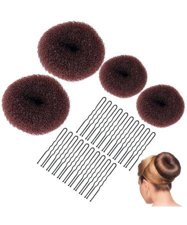 Sularpek Hair Donut Brown Ring Style Donut Hair Bun Maker with 4 Elastic Hair Ties and 20 Hair Pins for Chignon Hairstyles Hair Bun Shaper set for Kids Girls Women (Brown) 4 count (Pack of 1)