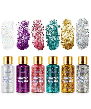 Body Glitter Gel Long Lasting Body Shimmer Gel Face Glitter for Body Face Lip Eye Hair Nails Glitter Makeup Liquid Body Glitter Gel for Festival Art Party Halloween Makeup (6 Pack) 5PCS Body Glitter Gel