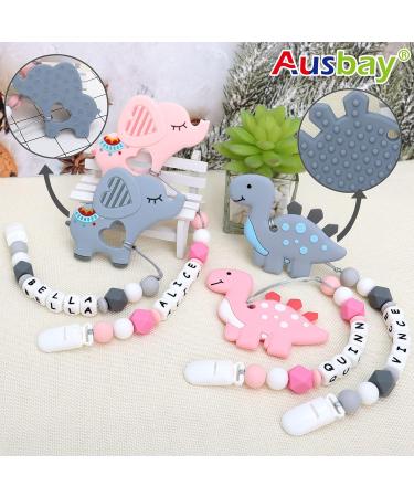 Personalized Stegosaurus Grey Teether Stroller Clip with Name | Custom Baby Toy Holder - Buy Online on SooperMarket.com