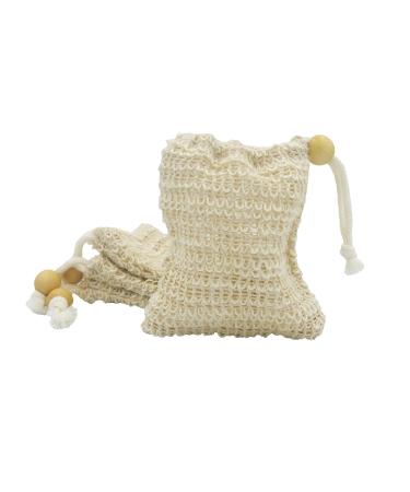 (4 Pack) Exfoliating Loofah Pouch Sisal Ramie Soap Saver Bag with Drawstring and Wooden Bead Holder