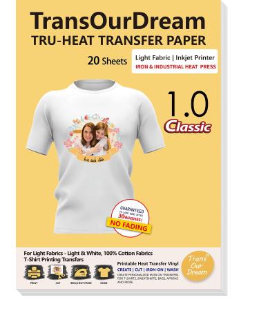 TransOurDream Heat Transfer Paper for Light T Shirts (20 Sheets  8.5x11) Clear Iron on Transfer Paper for Light &White Fabrics Printable Heat Transfer Vinyl for Inkjet Printer (Trans-1)