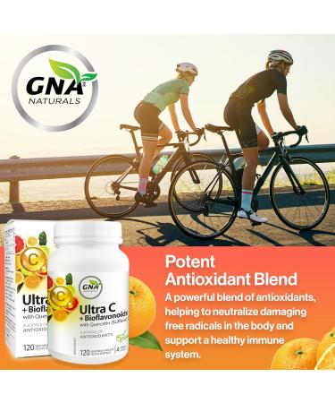 GNA Naturals Ultra Vitamin C 600mg + Bioflavonoids with Quercetin Dihydrate - Vitamin C Ascorbate Acid 120 V-Caps 4 Month Supply - Promotes Healthy Bones Gums & Teeth - Vitamin C Complex Supplement - Buy Online on SooperMarket.com