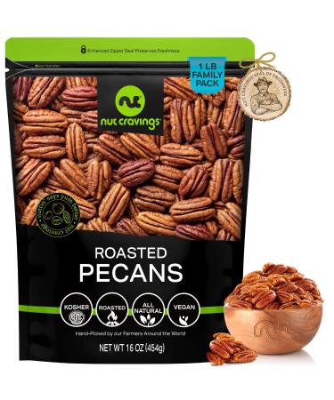 Pecans Halves, Roasted & Unsalted, No Shell (16oz - 1 LB) Bulk Nuts Packed Fresh in Resealable Bag - Healthy Protein Food Snack, All Natural, Keto Friendly, Vegan, Kosher 1 Pound (Pack of 1)