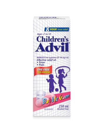 Children's Advil (230 ML Bubble Gum Flavour) Ibuprofen Suspension Dye Free Temporary Fever Reducer 230 ml (Pack of 1) Bubble Gum