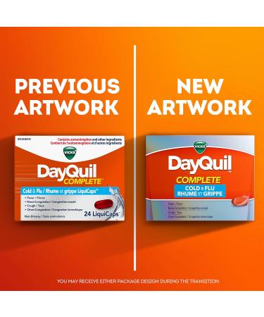 Vicks DayQuil COMPLETE Cold and Flu LiquiCaps Medicine Non-Drowsy Daytime Multi-Symptom Relief for Cough Congestion Fever Sore Throat Pain 24 Count 24 Count (Pack of 1) - Buy Online on SooperMarket.com