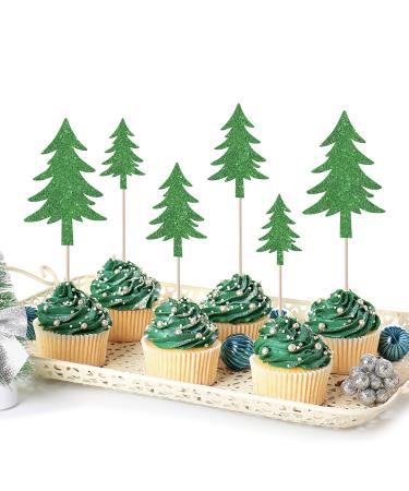 24 Pack Christmas Tree Cupcake Toppers Glitter Christmas Tree Cupcake Picks Merry Christmas Cupcake Decorations New Year Holiday Baby Shower Kids Birthday Party Supplies Green 2 21