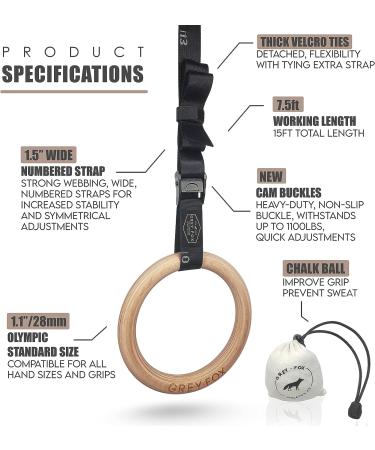 Grey Fox Premium Numbered 1.1 Wooden Gymnastic Rings with Adjustable Straps - Olympic Size, Chalk, Non-Slip Buckle | Full Body Suspension for Bodyweight Calisthenics - Home Gym Equipment for Fitness Enthusiasts - Buy Online on SooperMarket.com