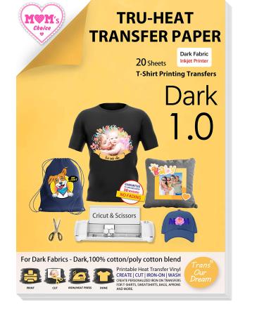 TransOurDream Tru-Iron on Heat Transfer Paper for Dark Fabric (20 Sheets  8.5x11) T Shirt Transfers Paper for Inkjet Printer Printable Heat Transfer Vinyl for T-Shirts (TOD-7) Dark 20 Sheets
