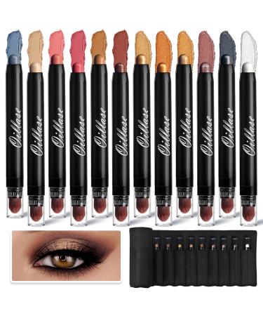 12 PCS Eyeshadow Stick Sets with Smudge Proof Eyeshadow Primer Base, Waterproof Glitter Eyeshadow Pen with Soft Brush, Cream Eye Shadow Stick Makeup, Shimmer and Matte Eyeshadow Pencil Crayon COLOR 1