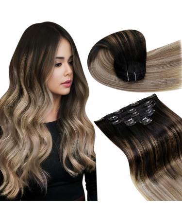 Laavoo clip in Extensions real hair black ombre hair extension clip in real hair balayage brown blond 35cm invisible real hair clip extensions smooth #1b/8/22 7PCs 105g 35cm-105g 4.6 #1b/8/22