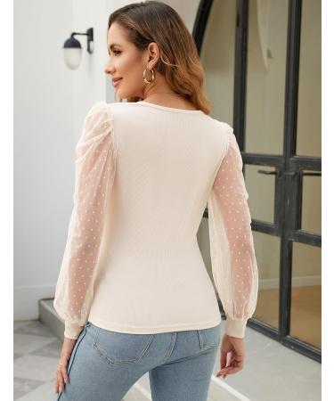 Fayenne Womens Tops Deep V Neck Cross Wrap Sexy Tops Polka Dot Mesh Long Sleeve T Shirt Casual Blouses S Beige - Buy Online on SooperMarket.com