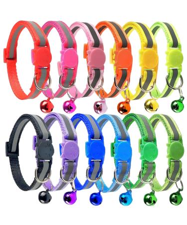 Nearasu 12 Pack Cat Collars Reflective Safety Quick Release Buckle Cat Collar for Cat Kitten Pet Breakaway With Bell Adjustable Large Hi Vis 20-34cm For All Domestic Cats Male Female (Multi-colored)