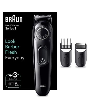 Braun Beard Trimmer Series 3 3410 Electric Beard Trimmer for Men Incl. Ultra-Sharp Blade 40 Length Settings Styling Tools Rechargeable 50-min Cordless Runtime & Washable Black BT3410