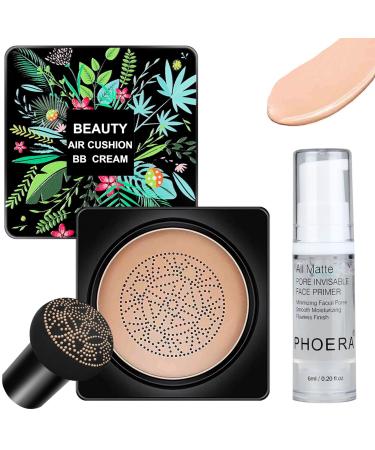 Mushroom Head Air Cushion CC Cream Foundation BB Cream Foundation Makeup Moisturizing CC Cream Liquid Foundation with Makeup Primer Concealer Lasting Even Skin Tone Makeup Base Primer(Natural) Natural+Primer
