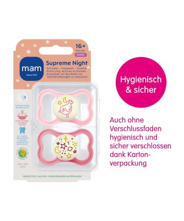 Mam Supreme Night Schnuller 2 Set | Bright Baby Pacifiers for Healthy Dental Development | Prevents Skin Irritation | Includes Pacifier Box | 16+ Months Hedgehog/Universe Bird - Buy Online on SooperMarket.com
