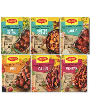 Maggi So Juicy Mix Bundle of 6 - BBQ Chicken Butter Chicken Garlic Chicken Mexican Chicken Mixed Herbs Chicken and Cajun Chicken Maggi Seasoning Mixes Bundled by The Great British Kitchen