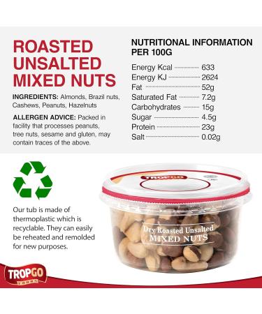 Tropgo Dry Roasted Unsalted Mixed Nuts 190g - Nuts in Resealable and Recyclable Tub - Wholesome Trail Mix with Fibre Protein and Essential Minerals - Healthy Snacks for All Ages - Buy Online on SooperMarket.com