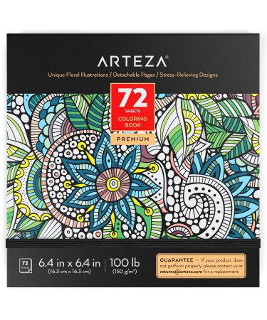 Arteza Coloring Book for Adults, 6.4 x 6.4 Inches, 72 Sheets, Floral Designs, Detachable Pages, Gray Outlines, 100 lb Paper, Art Supplies for Anxiety, Stress Relief, and Relaxing Floral Illustrations 6.4 x 6.4 Inches, 72 Sheets